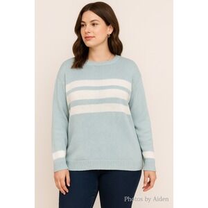 CJ Banks KNit Sweater 1X Green White Stripe Crew Neck‎ Long Sleeve Y2K Inspired